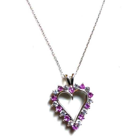 Sterling Silver Heart Shaped Lab Created White & Pink Sapphire Necklace - Picture 5 of 7